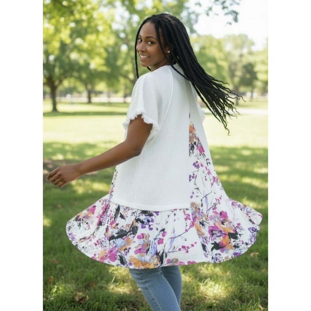 Umgee womens NEW raw hem sleeve summer boho floral ruffle top sz Small